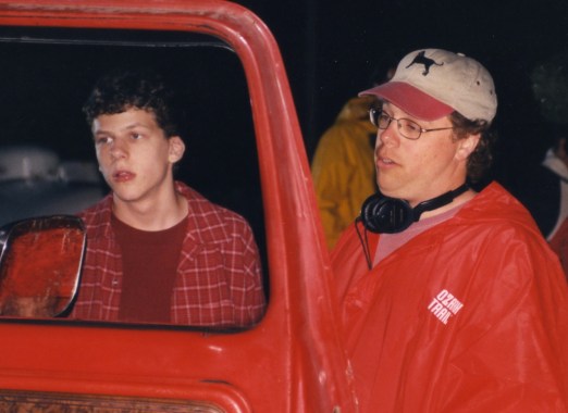 Jesse Eisenberg and director David Giancola discuss a scene for the Edgewood Studios film Lightning: Fire from the Sky. (Edgewood Studios / photo)